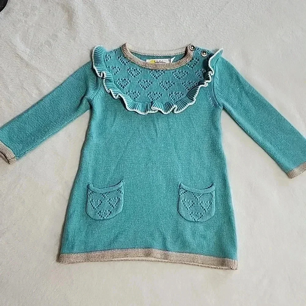 Baby Boden Blue Knit Ruffle Collar‎ Cashmere Blend Sweater Dress 3-6M Y0464
